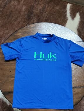 Huk Blue Tee with Neon Green Logo